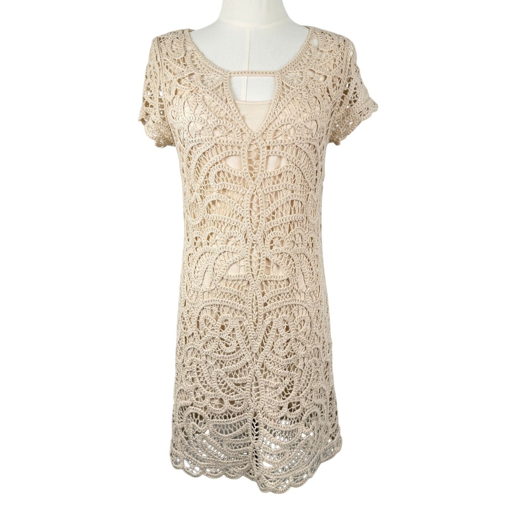 BCBGMAXAZRIA Womens Beige Crochet‎ Mini Dress Short Sleeve Keyhole Neck Small